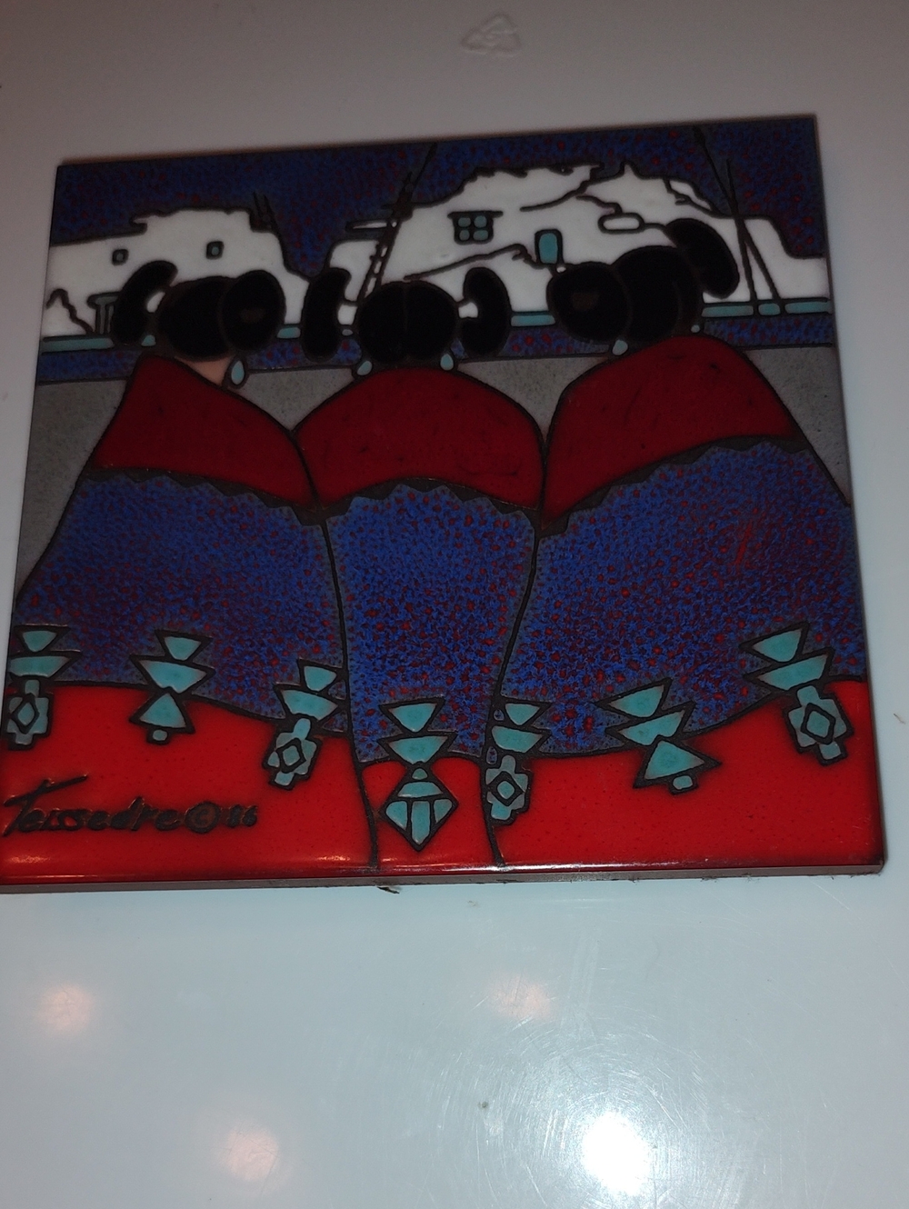 Cleo Teissedre Designs Pottery Tile Coaster/Trivet Southwestern "3 Pueblo Women"